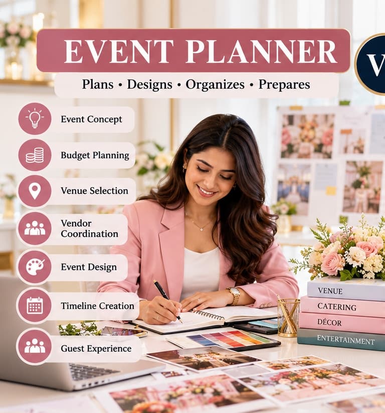Professional event planner preparing an event plan with decor and budget