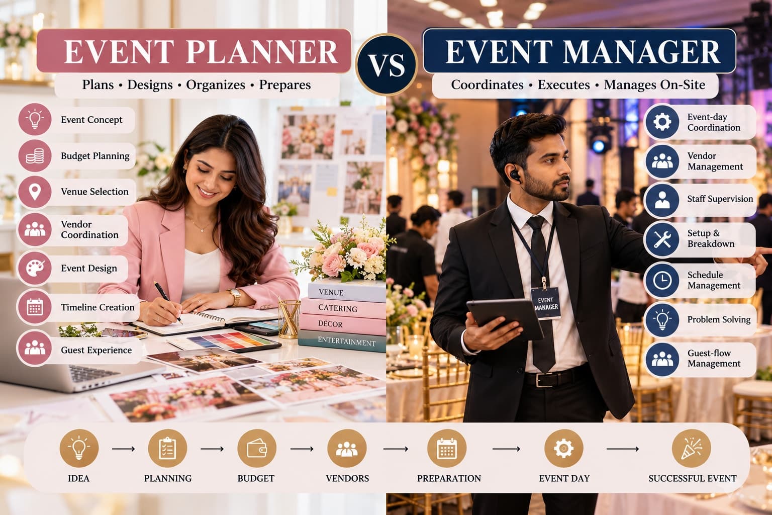 Event planner vs event manager comprehensive responsibilities comparison diagram