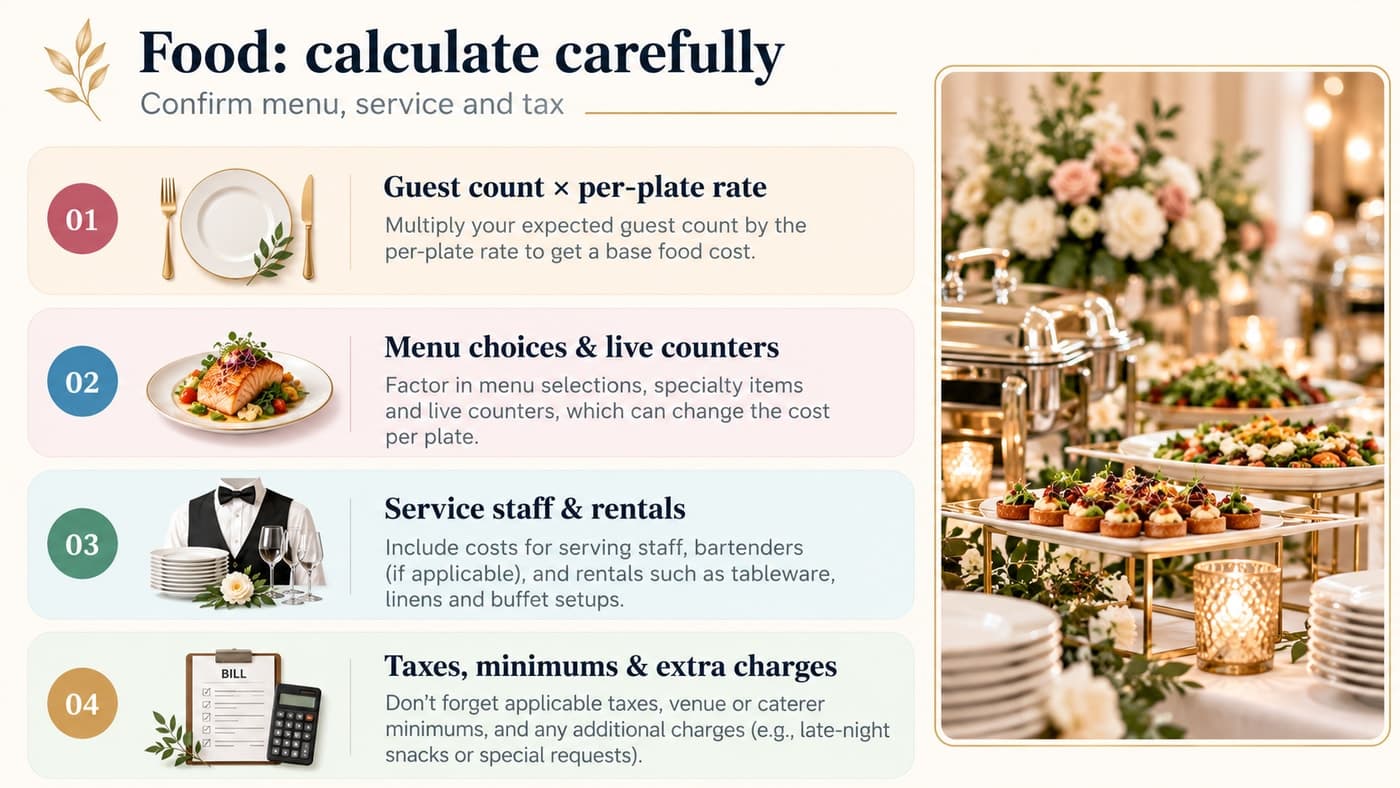 Food calculate carefully: 01 Guest count x per-plate rate, 02 Menu choices & live counters, 03 Service staff & rentals, 04 Taxes, minimums & extra charges
