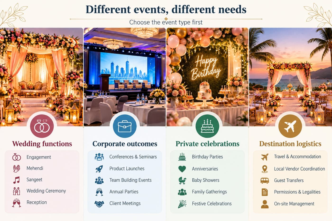 Different events, different needs: Wedding functions, Corporate outcomes, Private celebrations, Destination logistics