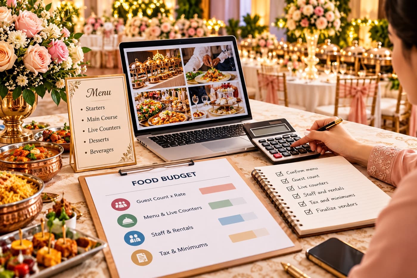 Event planner carefully calculating food budget and vendor checklists