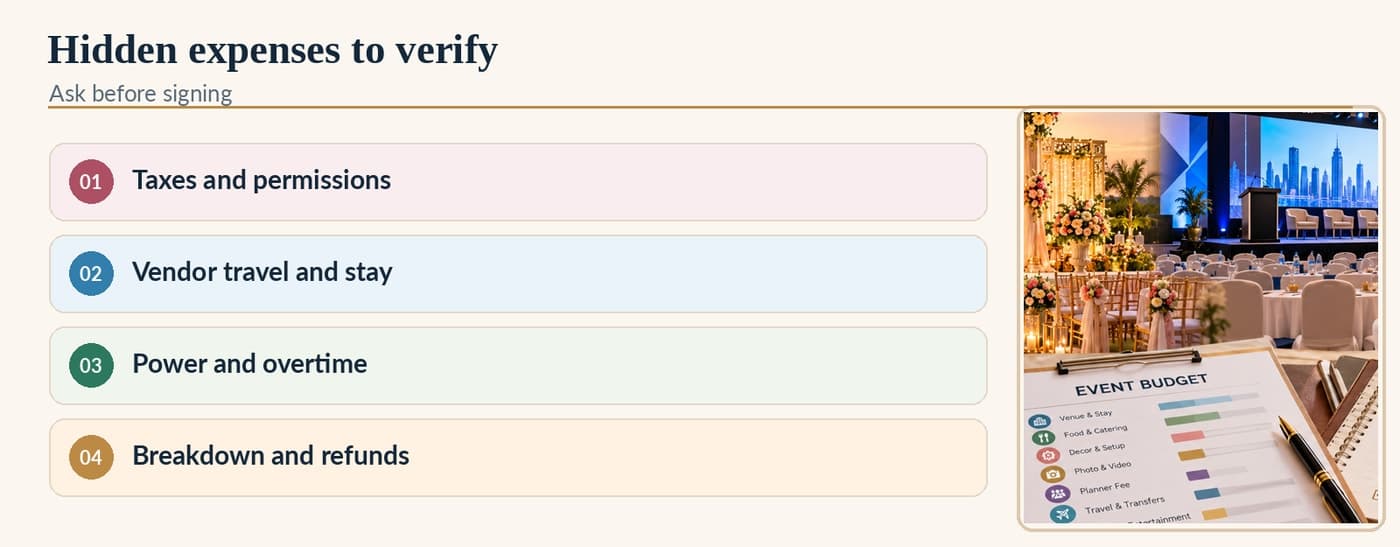 Hidden expenses to verify: 01 Taxes and permissions, 02 Vendor travel and stay, 03 Power and overtime, 04 Breakdown and refunds