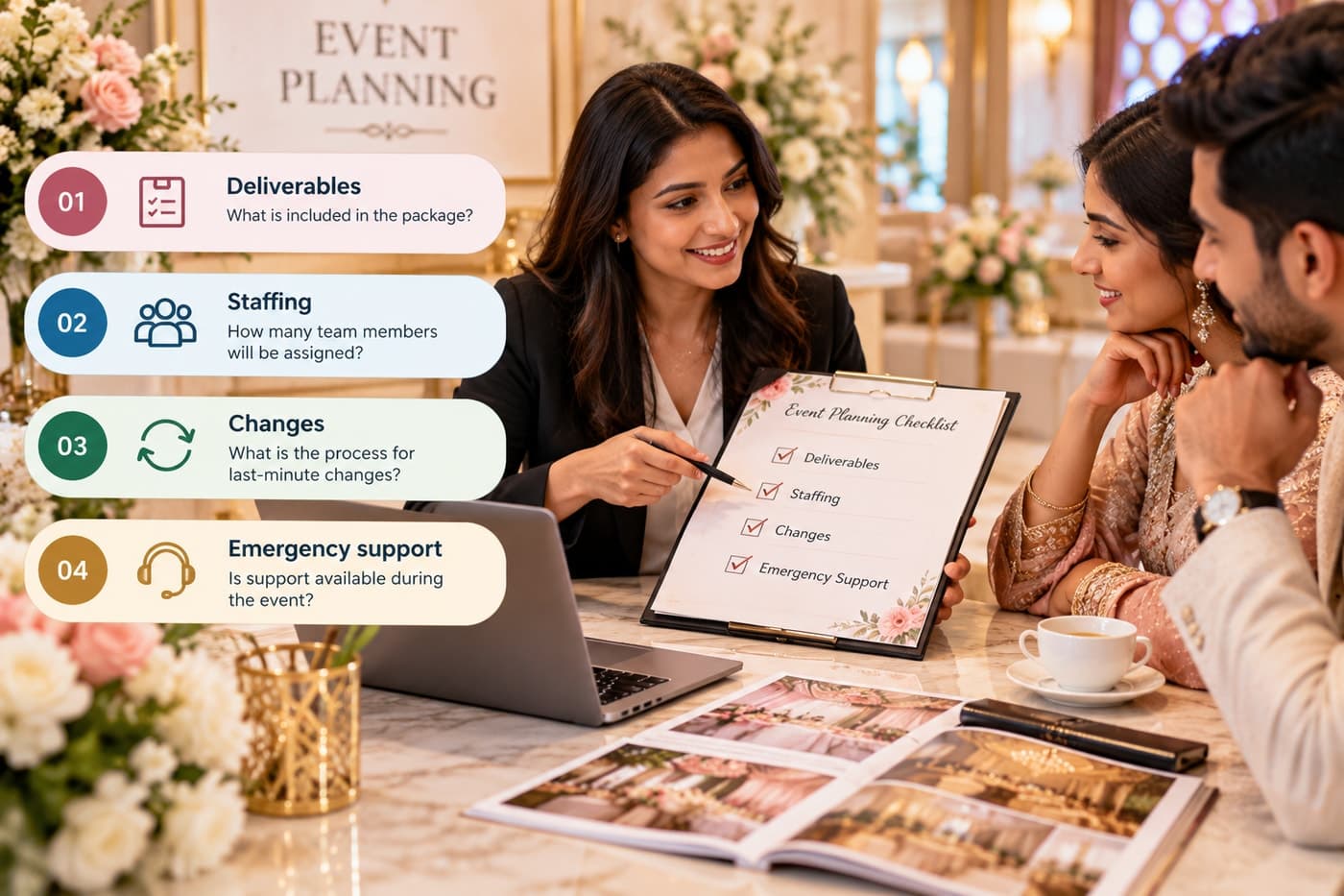Event planner consultation: 01 Deliverables, 02 Staffing, 03 Changes, 04 Emergency support