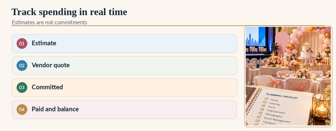 Track spending in real time: 01 Estimate, 02 Vendor quote, 03 Committed, 04 Paid and balance