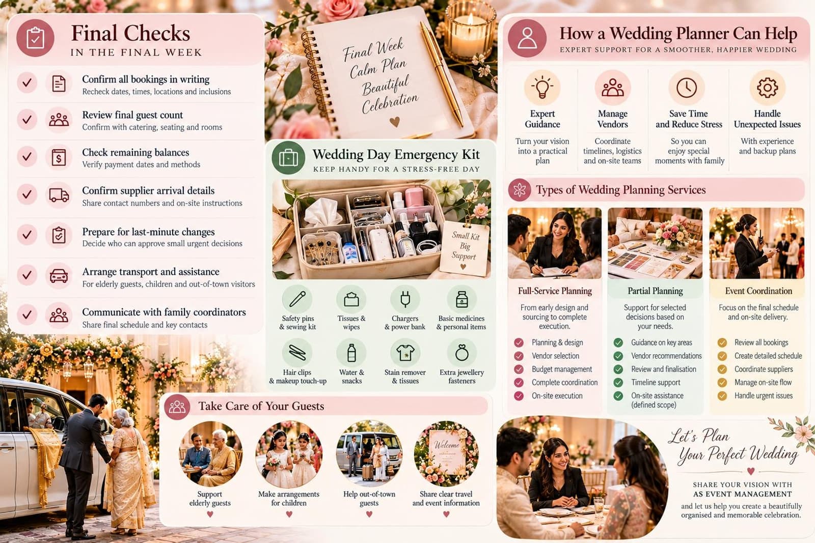 Final week wedding checks and professional wedding planning service models