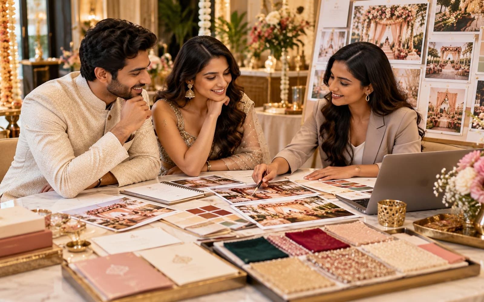 Couple consulting with a wedding planner while reviewing wedding design ideas
