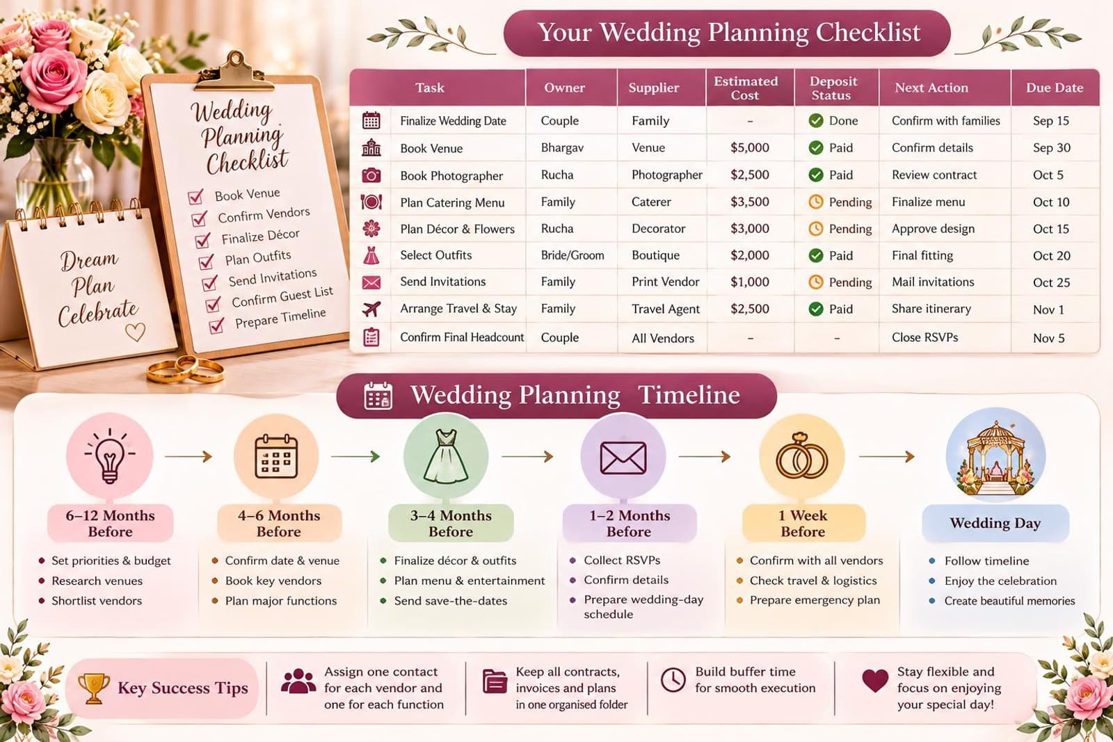 Comprehensive wedding planning checklist and milestone timeline