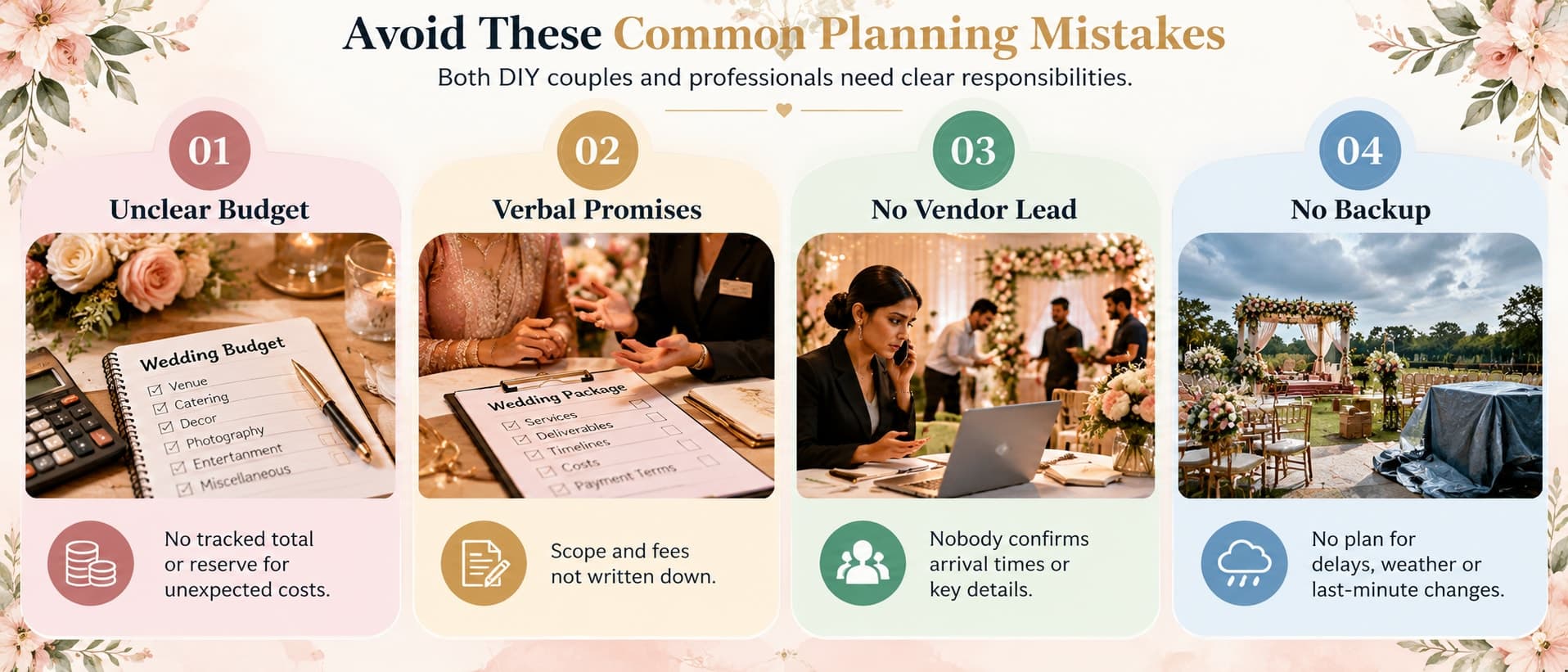 Avoid These Common Planning Mistakes: Unclear budget, Verbal promises, No vendor lead, No backup plan, Incomplete contracts, Conflicting schedules