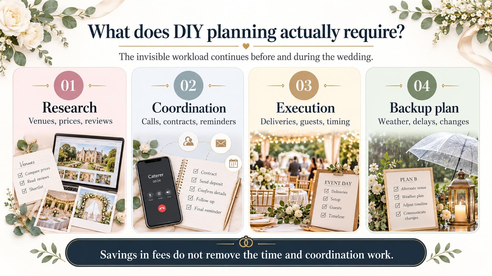 What does DIY wedding planning actually require? The invisible workload: Research, Administration, Coordination, Execution