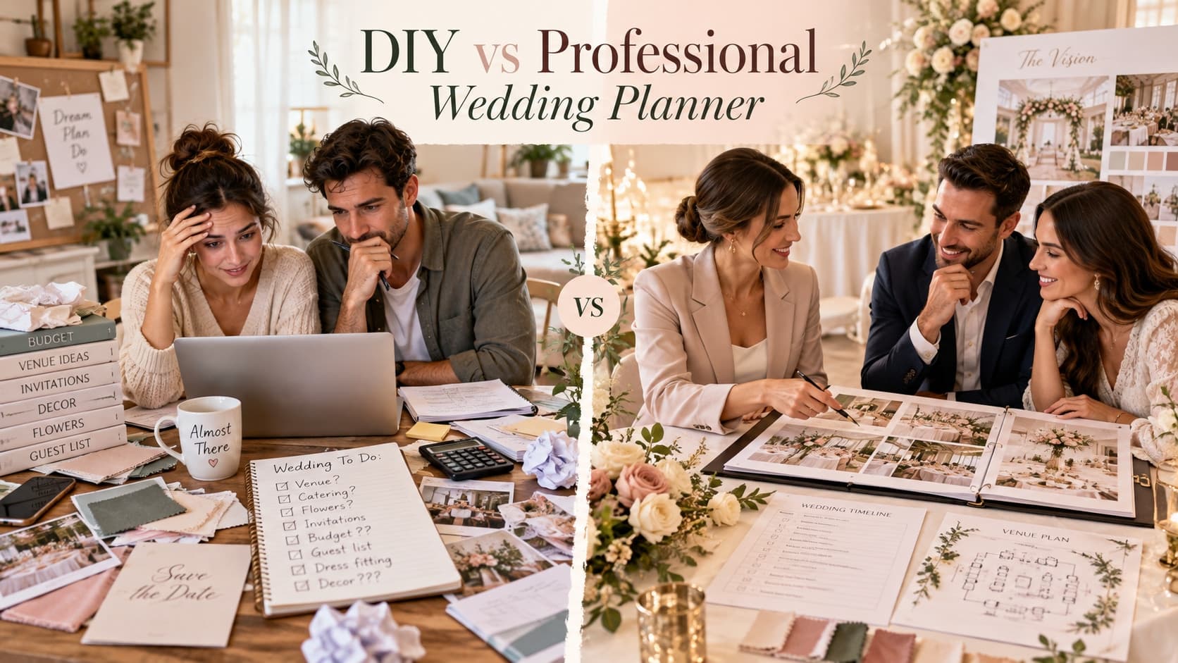 Couple comparing DIY wedding planning with professional wedding planner support
