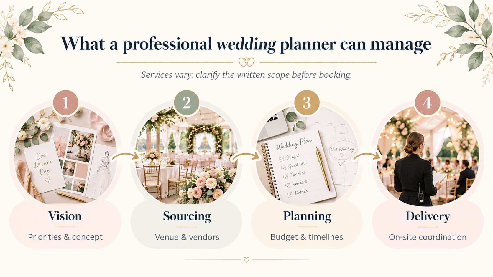 What a professional wedding planner can manage: Vision, Vendor Sourcing, Planning, and Execution