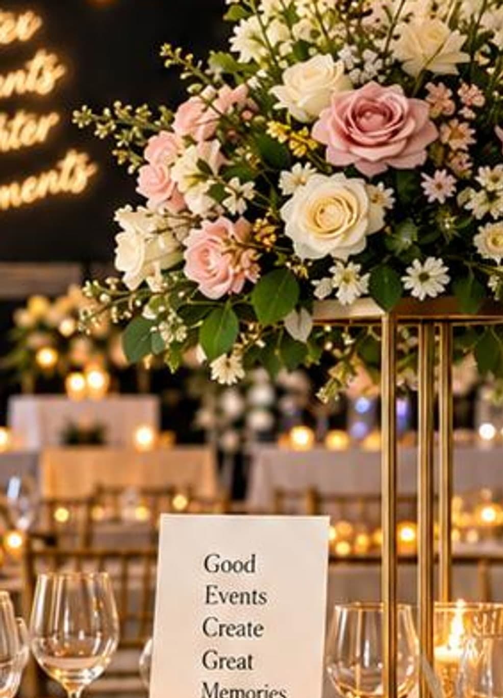 Pink and white rose centerpiece with a table card reading Good Events Create Great Memories
