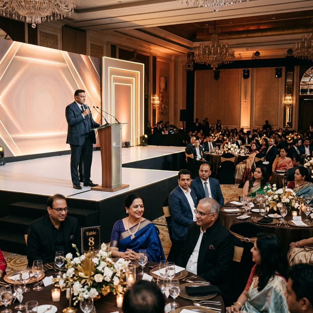 Premium Indian corporate event setup with stage and banquet seating